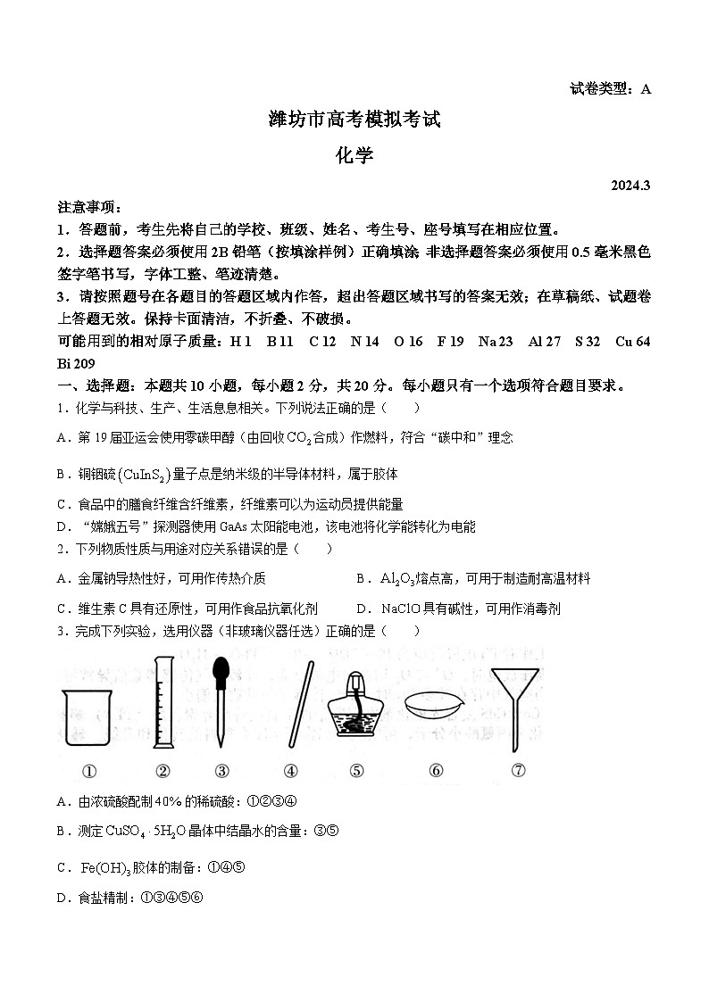 山东省潍坊市2023-2024学年高三下学期一模化学试题第1页