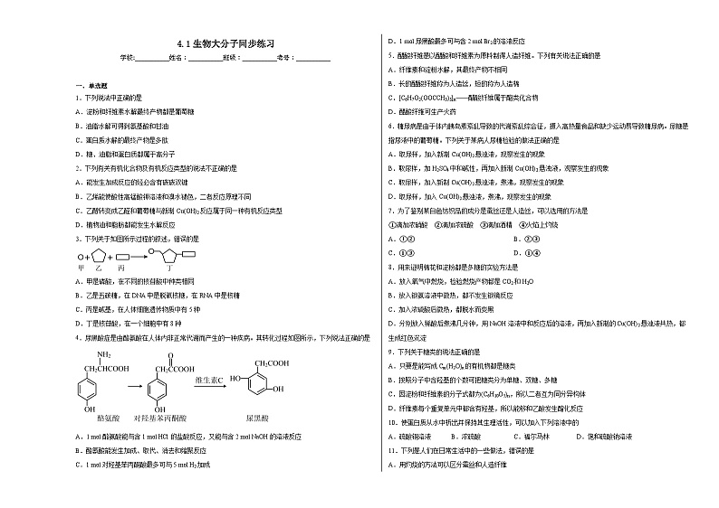 4.1生物大分子同步练习第1页