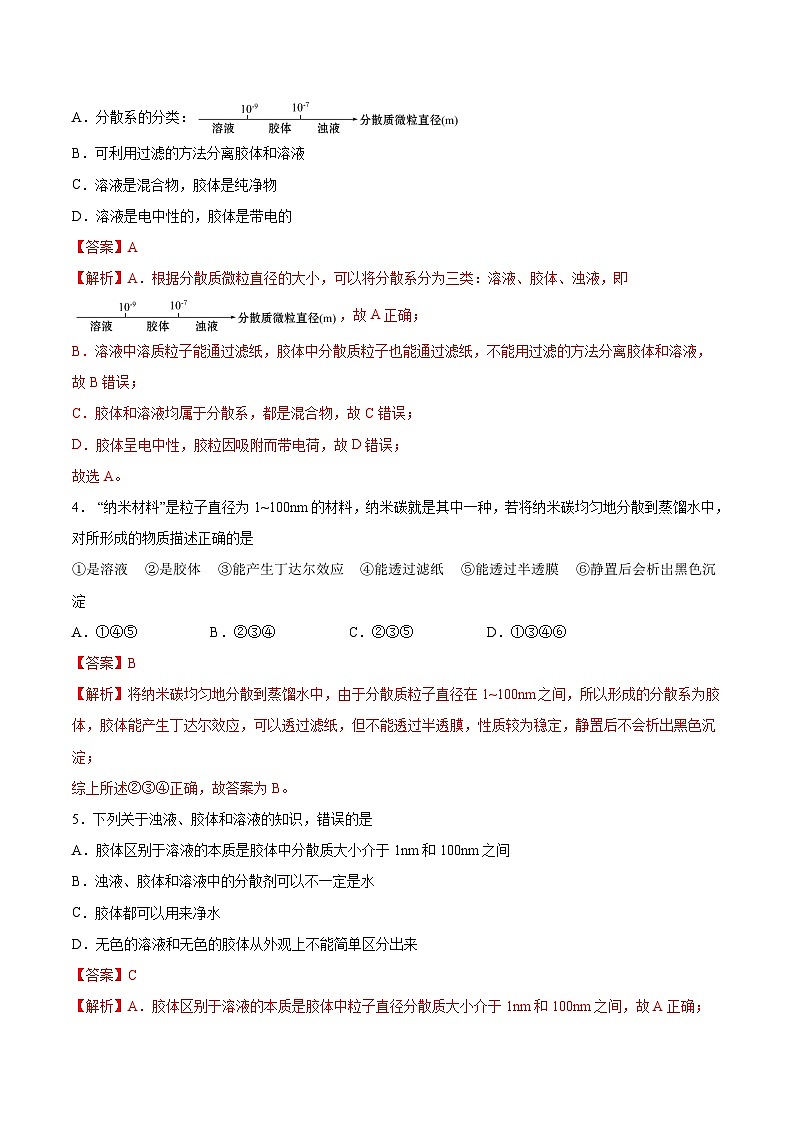 1.3 分散系的比较 胶体的性质、应用与制备(精练)-高一化学上学期《考点•题型•技巧》精讲与精练高分突破(人教版)(解析版)第2页