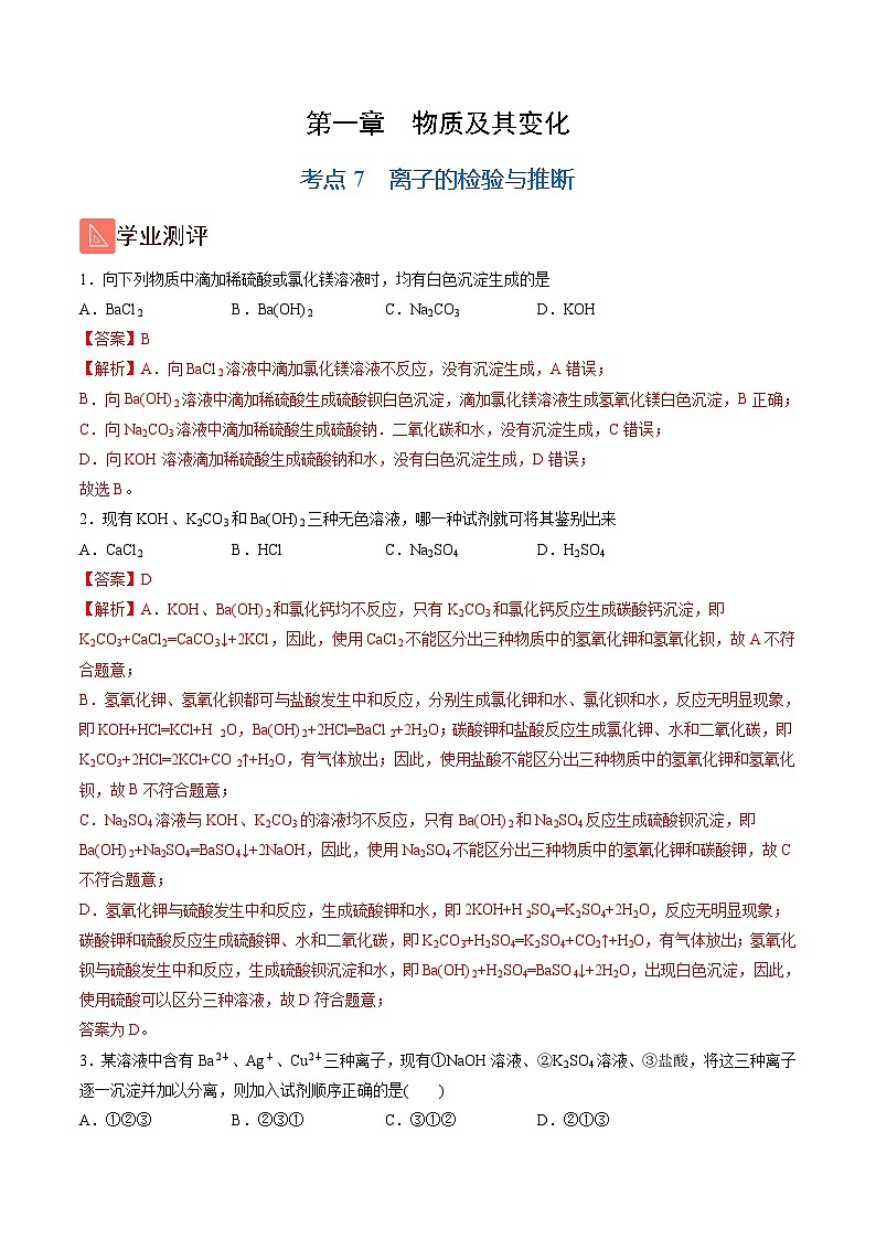 1.7 离子的检验与推断(精练)-高一化学上学期《考点•题型•技巧》精讲与精练高分突破(人教版)(解析版)第1页