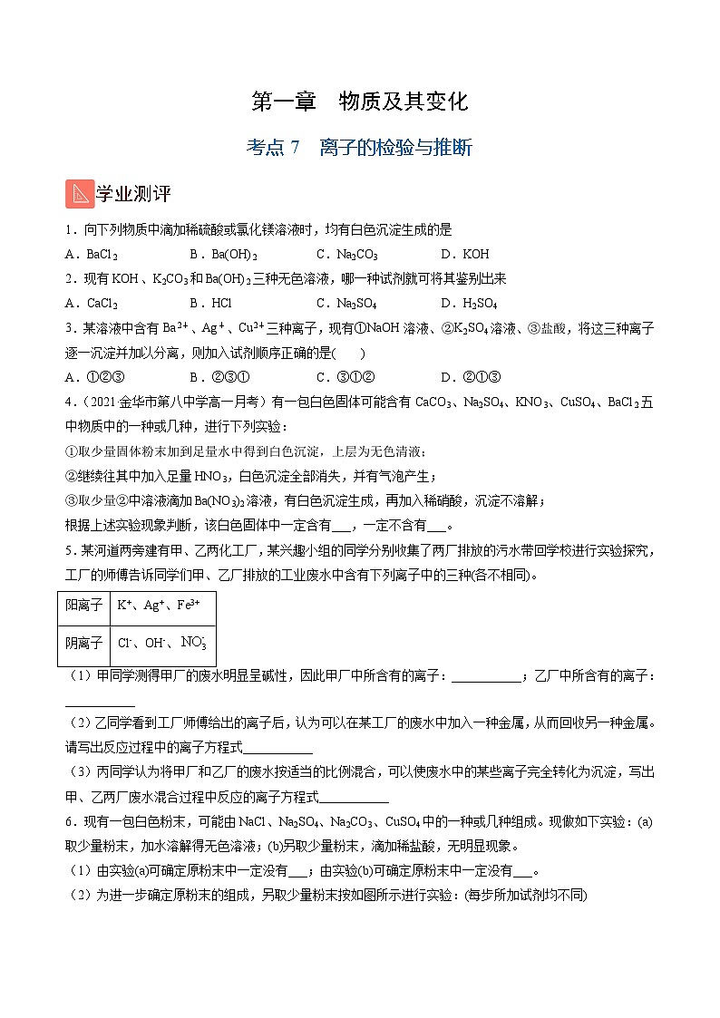 1.7 离子的检验与推断(精练)-高一化学上学期《考点•题型•技巧》精讲与精练高分突破(人教版)(原卷版)第1页