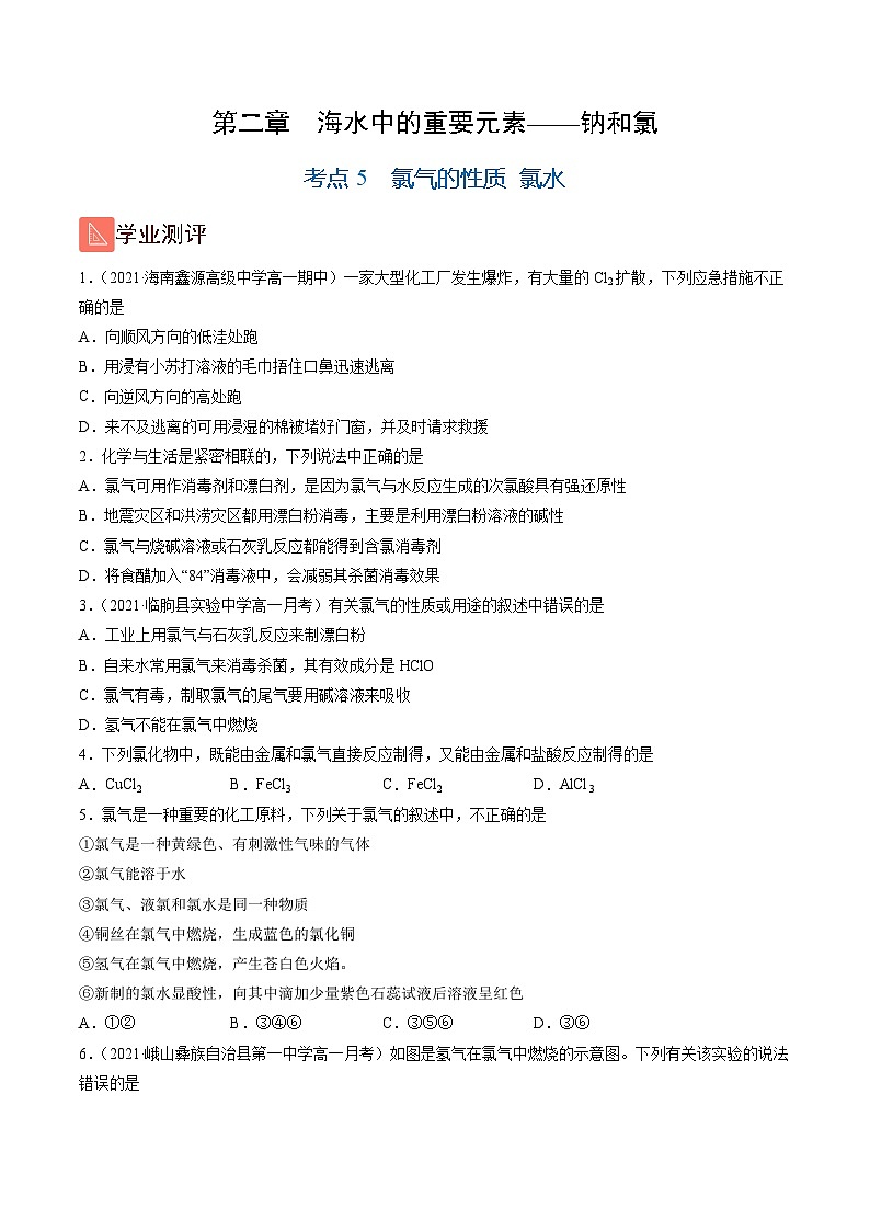 2.5 氯气的性质 氯水(精练)-高一化学上学期《考点•题型•技巧》精讲与精练高分突破(人教版)(原卷版)第1页