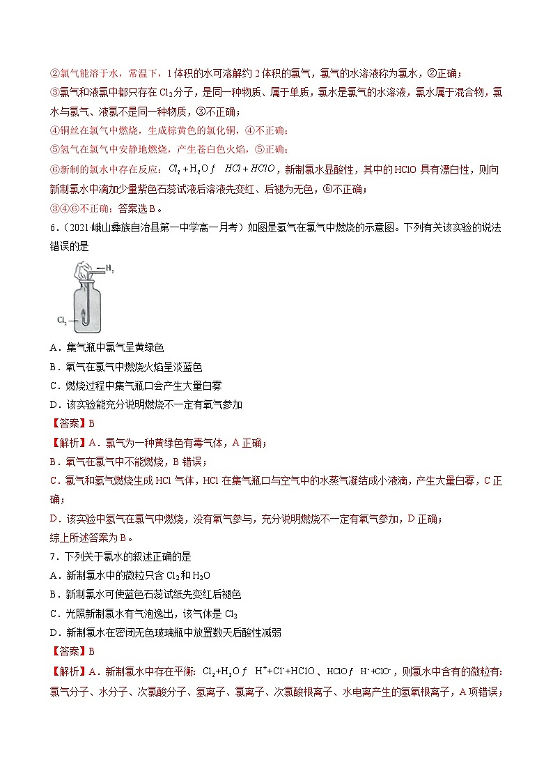 2.5 氯气的性质 氯水(精练)-高一化学上学期《考点•题型•技巧》精讲与精练高分突破(人教版)(解析版)第3页