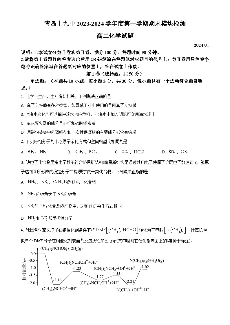 精品解析:山东省青岛市第十九中学2023-2024学年高二上学期化学期末试卷(原卷版)第1页
