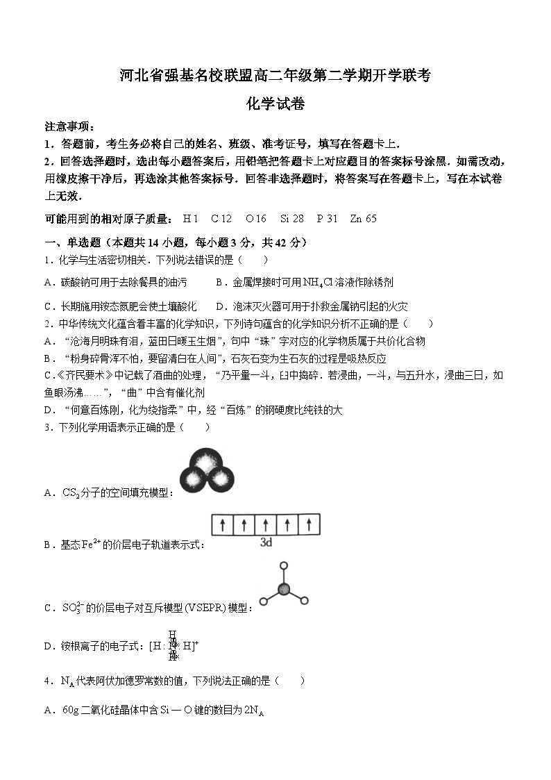 2024河北省强基名校联盟高二下学期开学联考试题化学含解析