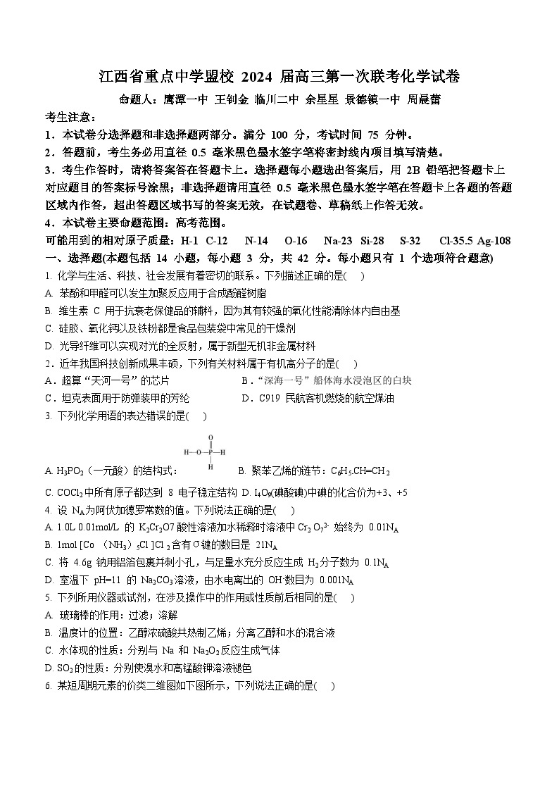 江西省重点中学盟校2024届高三下学期第一次联考试题 化学 Word版含答案01