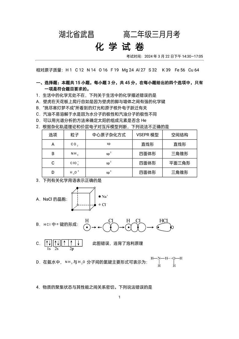 湖北省武昌实验中学2023-2024学年高二化学三月月考试卷第1页