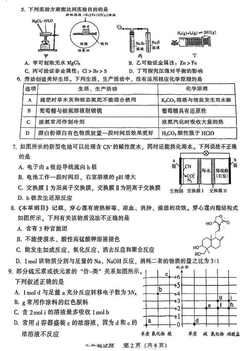 2024届广东省韶关市高三下学期二模化学试题及答案02