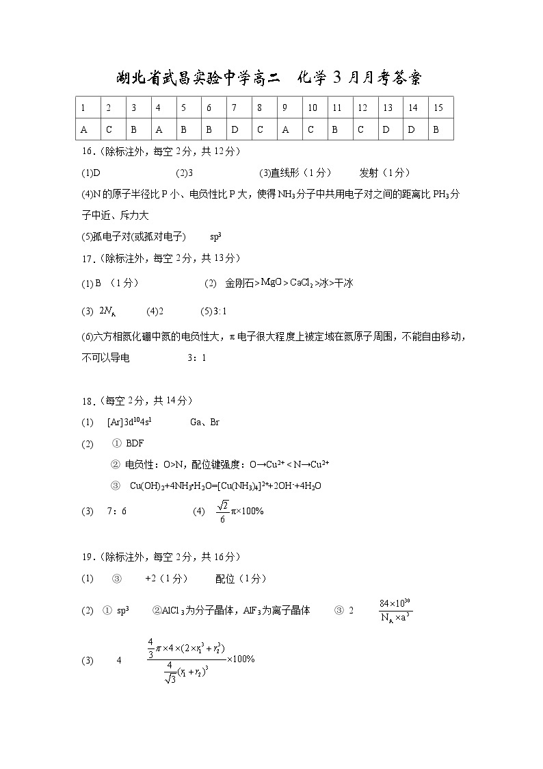 2024湖北省武昌实验中学高二下学期3月月月考试题化学含答案01