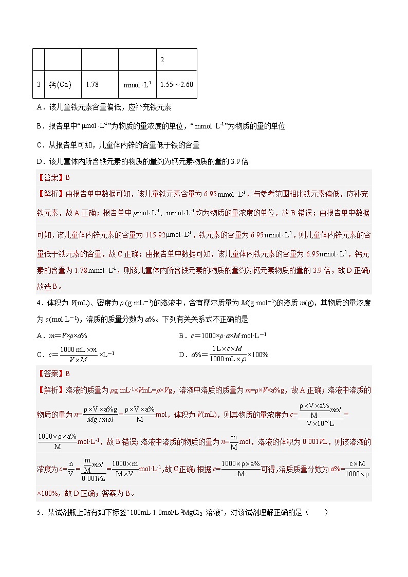 第05讲 物质的量浓度及溶液配制- 2024年高考化学大一轮复习【精讲精练】02
