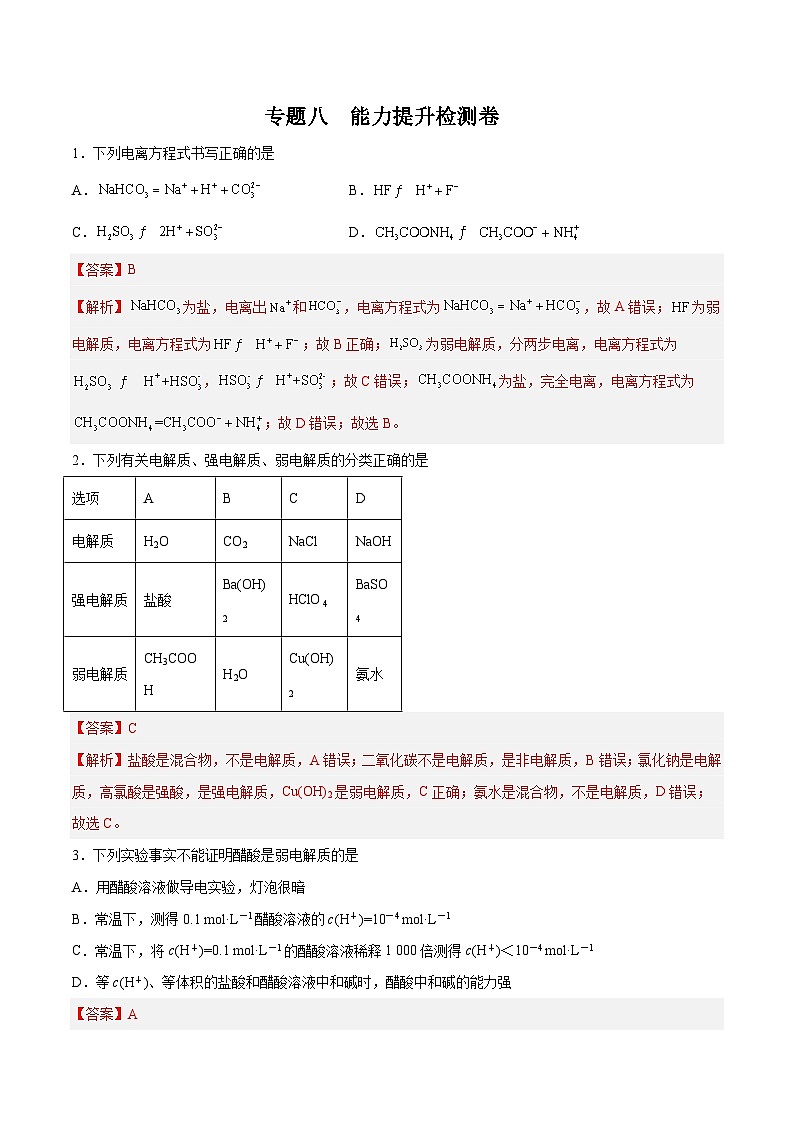 专题八 能力提升检测卷 - 2024年高考化学大一轮复习【精讲精练】01