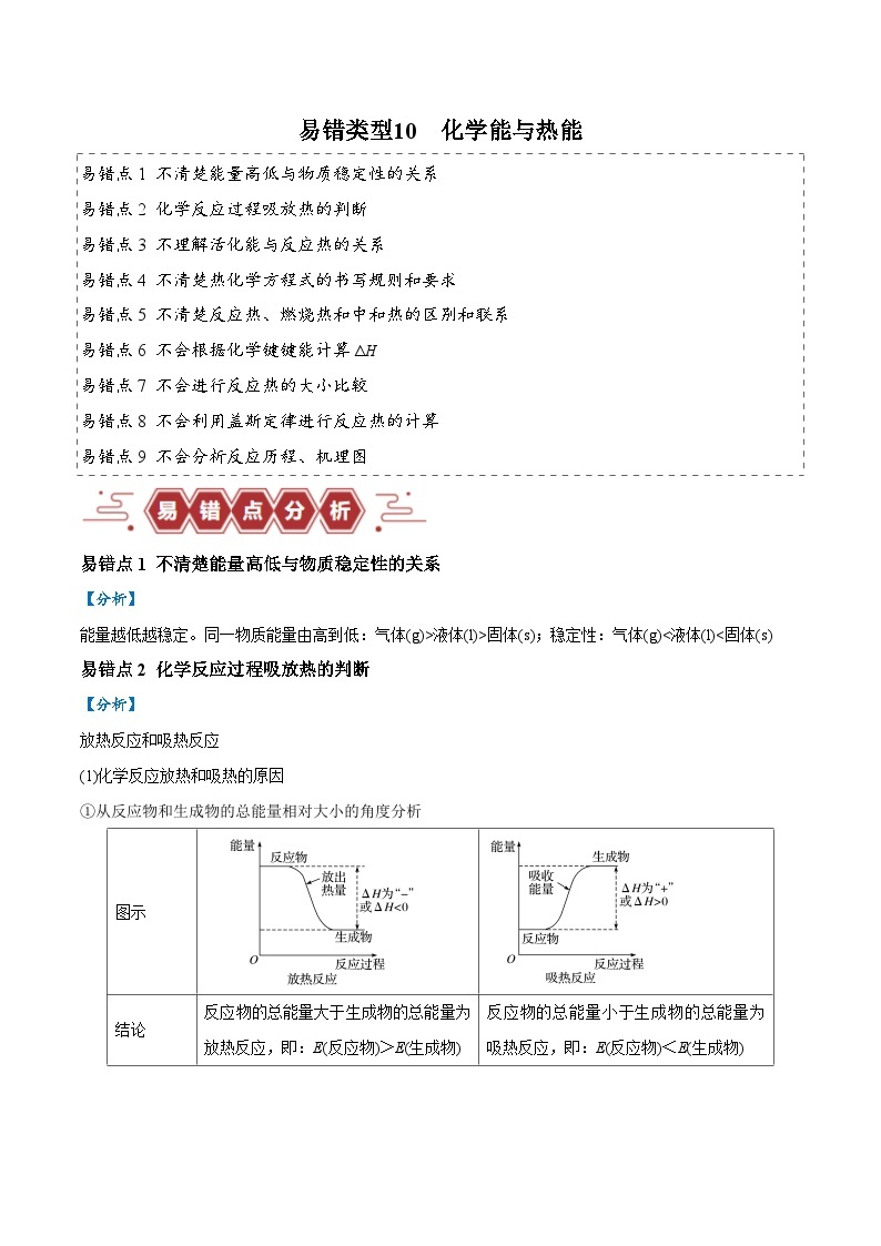 易错类型10 化学能与热能（9大易错点）-2024年高考化学考试易错题（全国通用）01