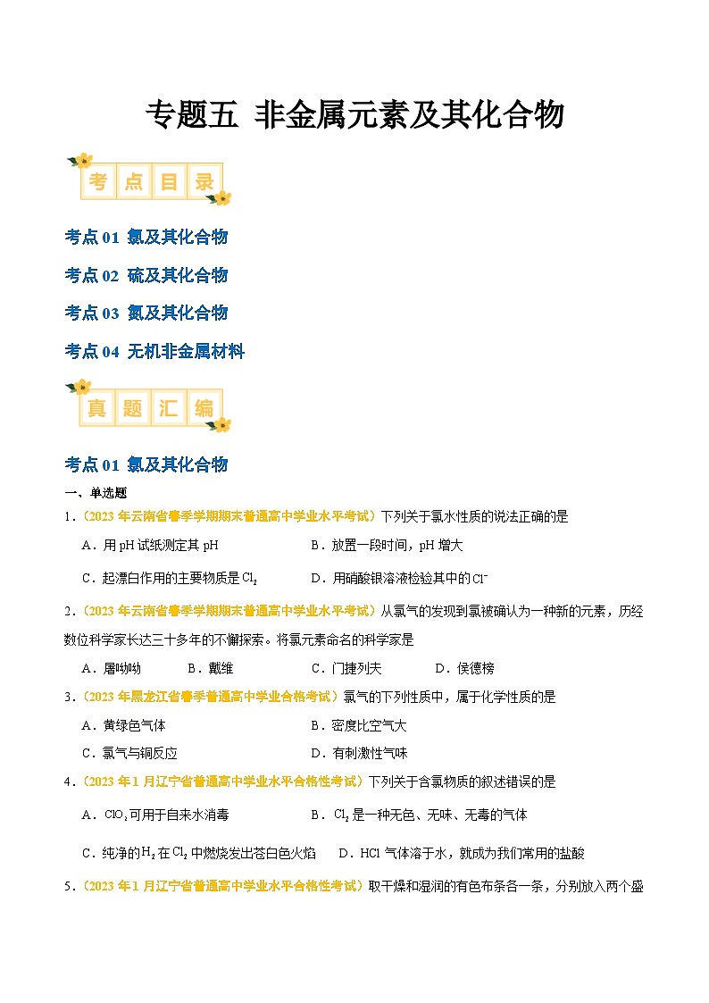 专题五 非金属元素及其化合物-备战2024年高中学业水平考试化学真题分类汇编(新教材通用)(原卷版)第1页