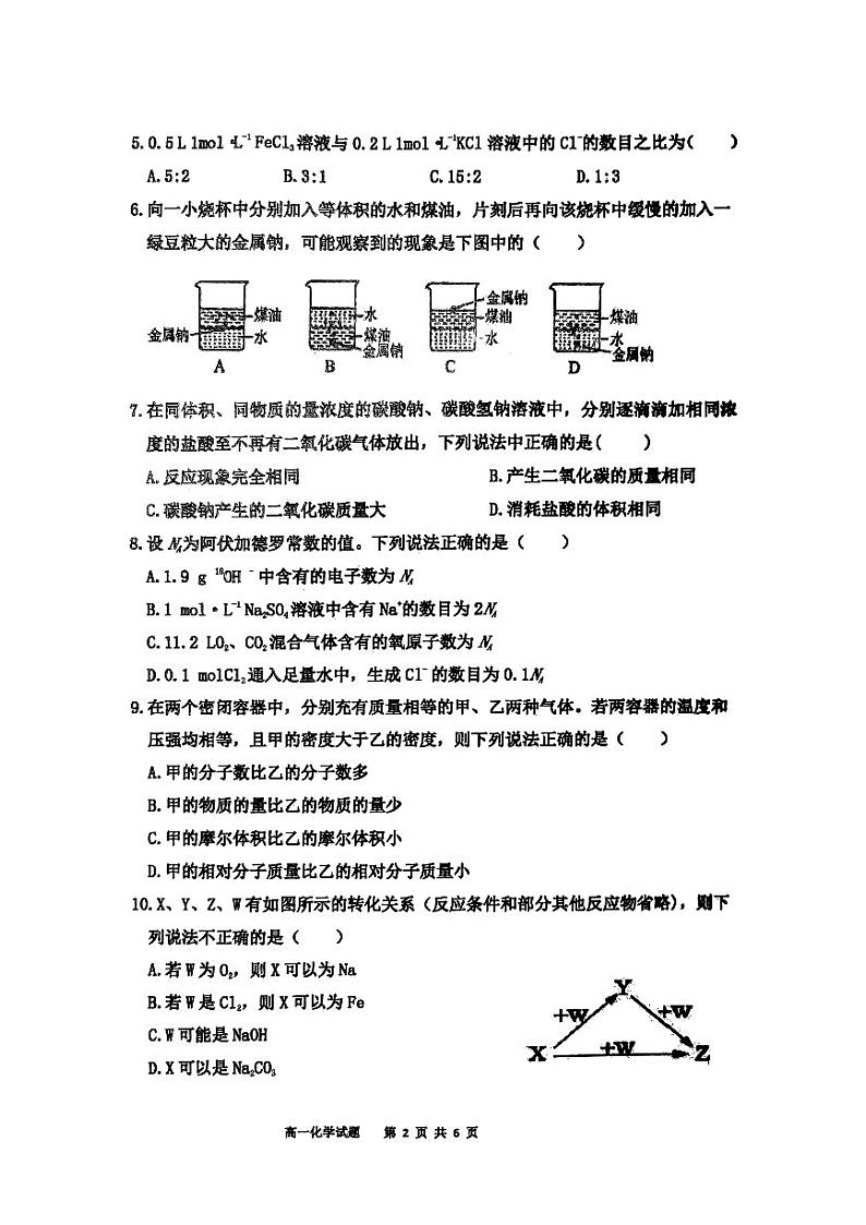 山东省枣庄市2023_2024学年高一化学上学期10月阶段性检测试题pdf第2页