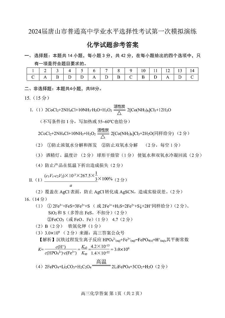 2024届河北省唐山市高三下学期3月一模化学试题及答案01