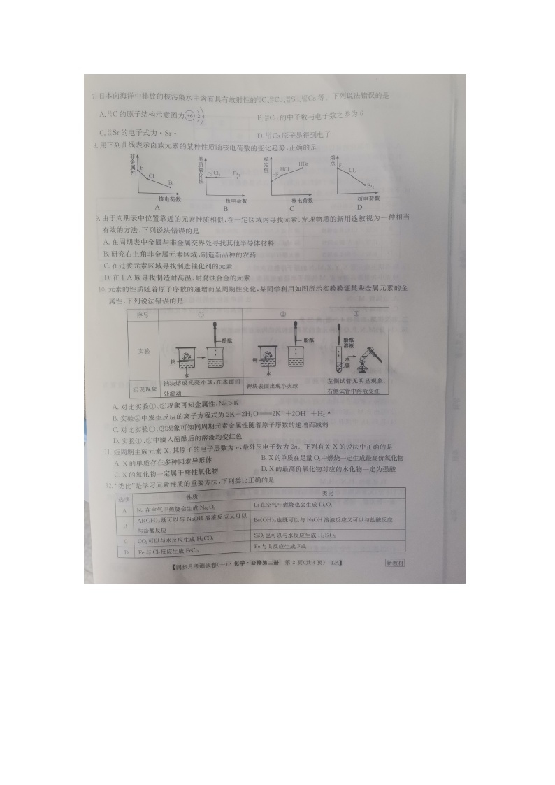 陕西省渭南市富平县2023-2024学年高一下学期4月月考化学试题02