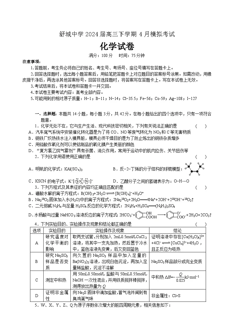 安徽省六安市舒城中学2024届高三下学期4月模拟考试化学试卷(原卷版)第1页