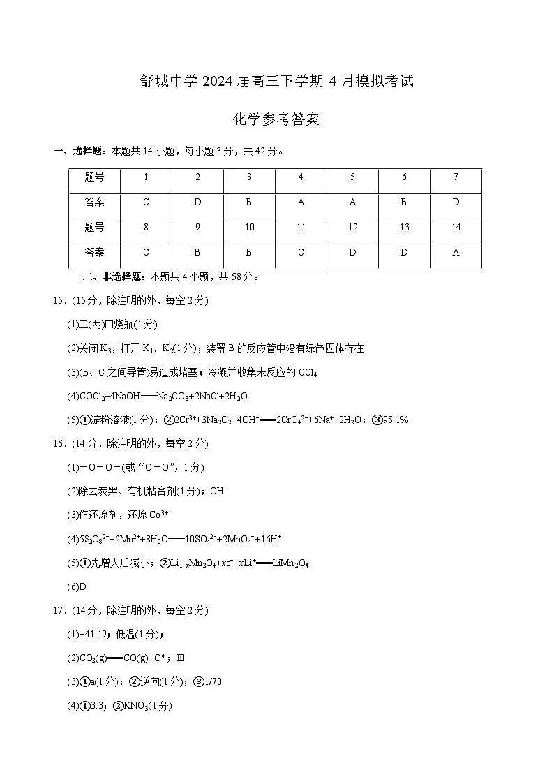 安徽省六安市舒城中学2024届高三下学期4月模拟考试化学参考答案(简易版)第1页