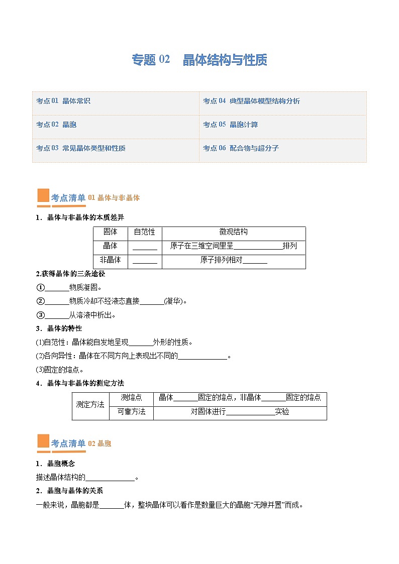 【期中复习】2023-2024学年(人教版2019)高二化学下册期中专题训练 专题02 晶体结构与性质(原卷版)第1页