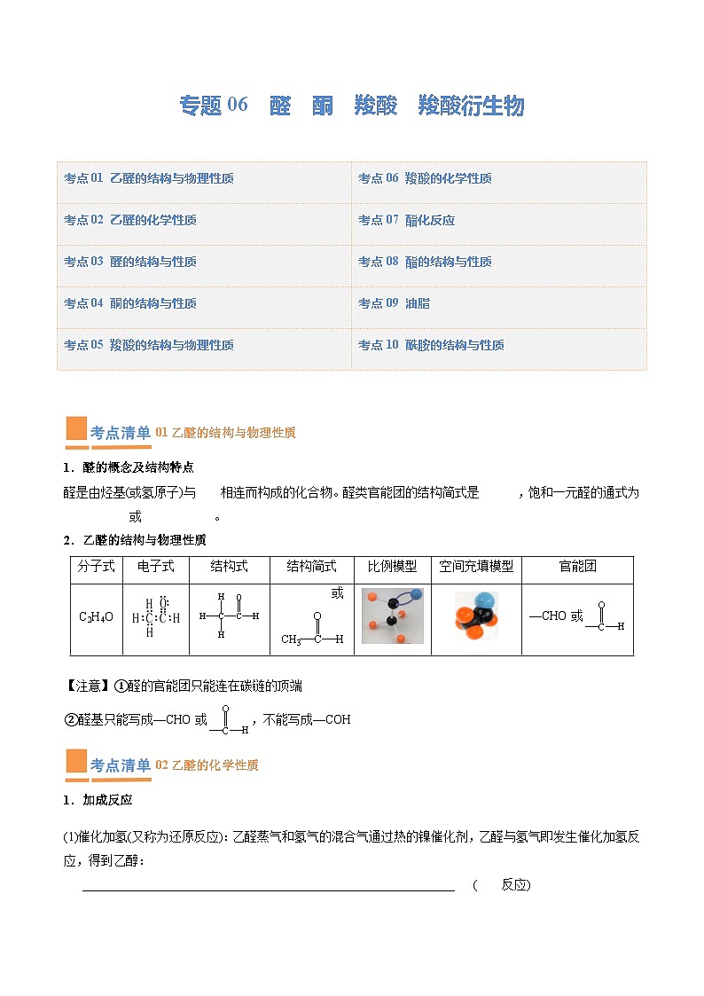 【期中复习】2023-2024学年(人教版2019)高二化学下册期中专题训练 专题06 醛 酮 羧酸 羧酸衍生物(原卷版)第1页