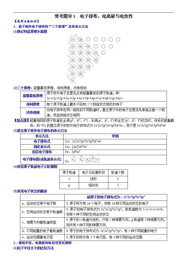 新高考化学一轮复习逐空突破练习01 常考题空1 电子排布、电离能与电负性 （含解析）01