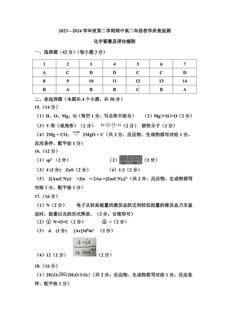 山西省大同市2023-2024学年高二下学期4月期中教学质量检测化学试题(含答案)01