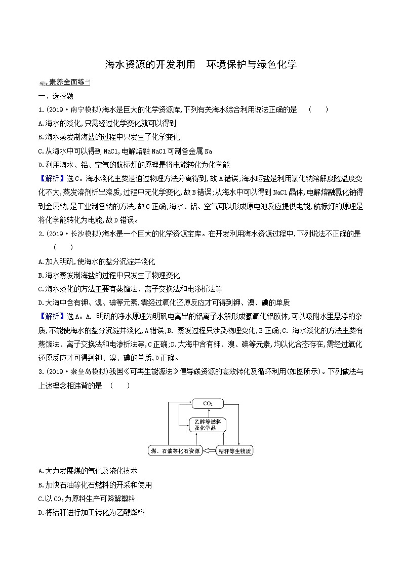 2022版高考化学一轮复习 课时分层提升练课时分层提升练14 海水资源的开发利用环境保护与绿色化学01