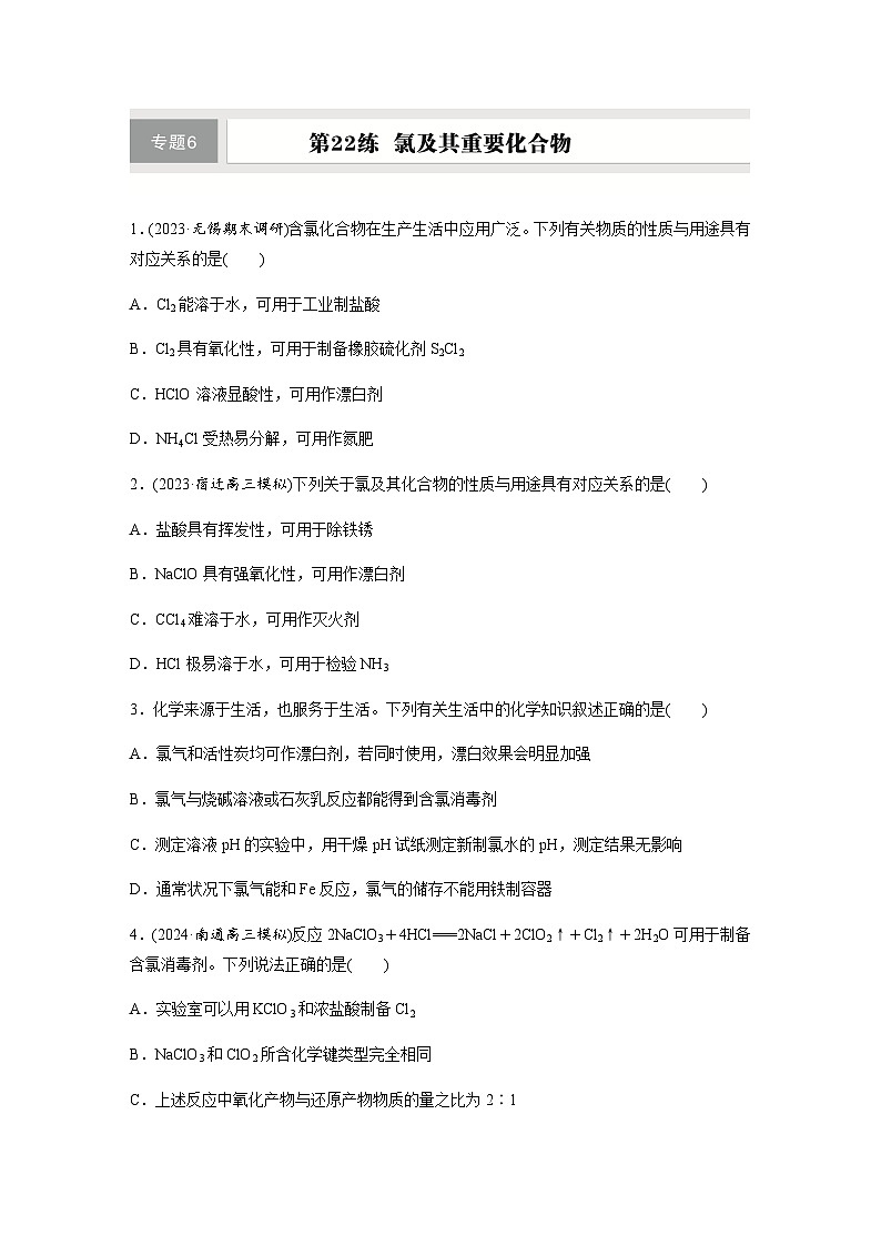 第22练 氯及其重要化合物 同步练习(含答案)-2025年高考化学一轮复习01