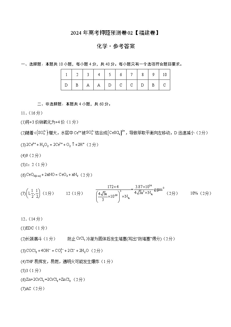 2024年高考押题预测卷—化学(福建卷02)(参考答案)第1页