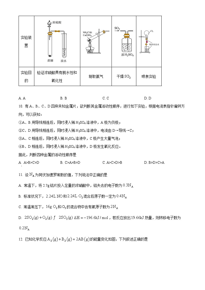 四川省南充市嘉陵第一中学2023-2024学年高一下学期4月期中化学试题(原卷版)第3页