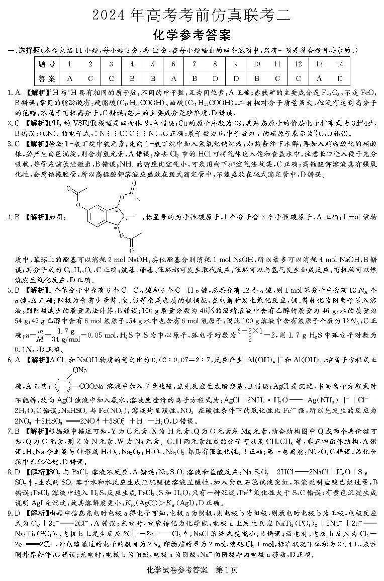 2024年湖南省高考考前仿真联考二化学试题答案第1页
