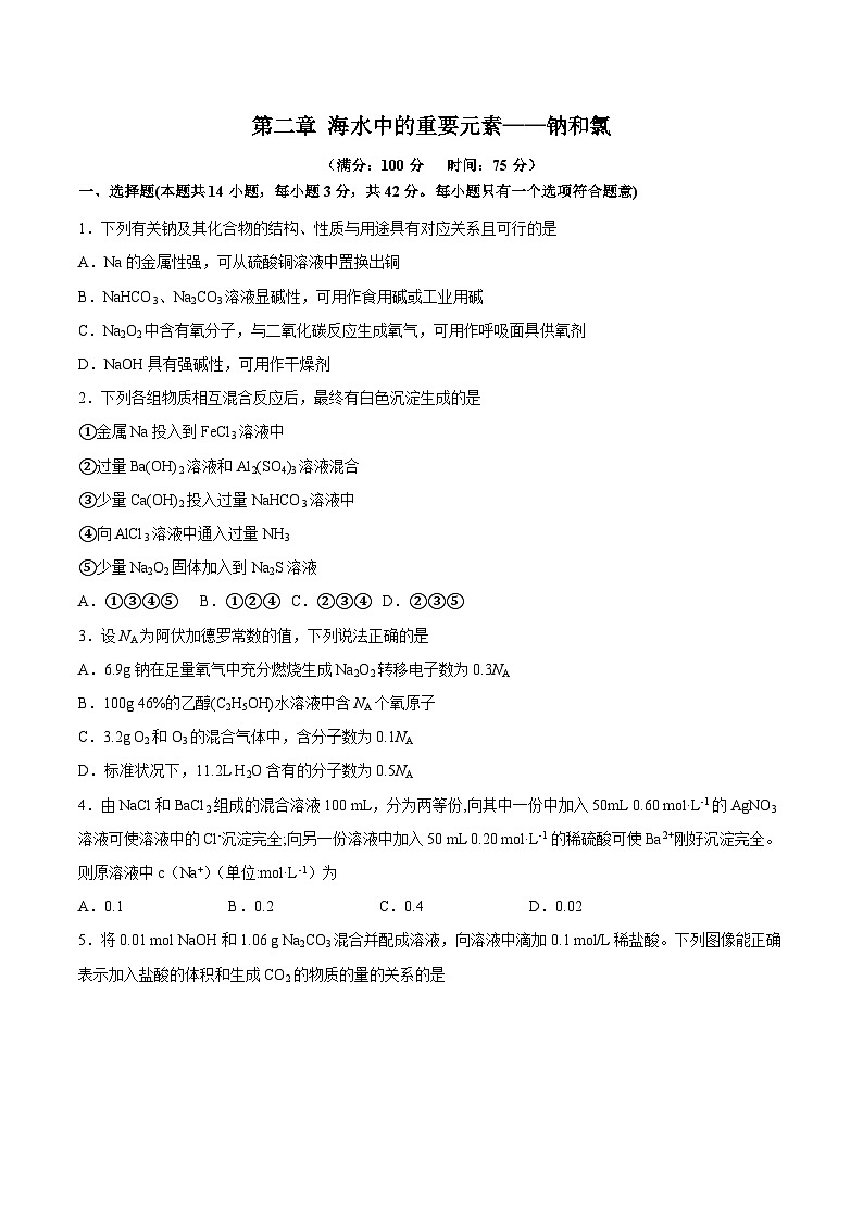 【单元测试】第二章 海水中的重要元素——钠和氯-高一化学同步备课(人教版2019必修第一册)(原卷版+解析版)01
