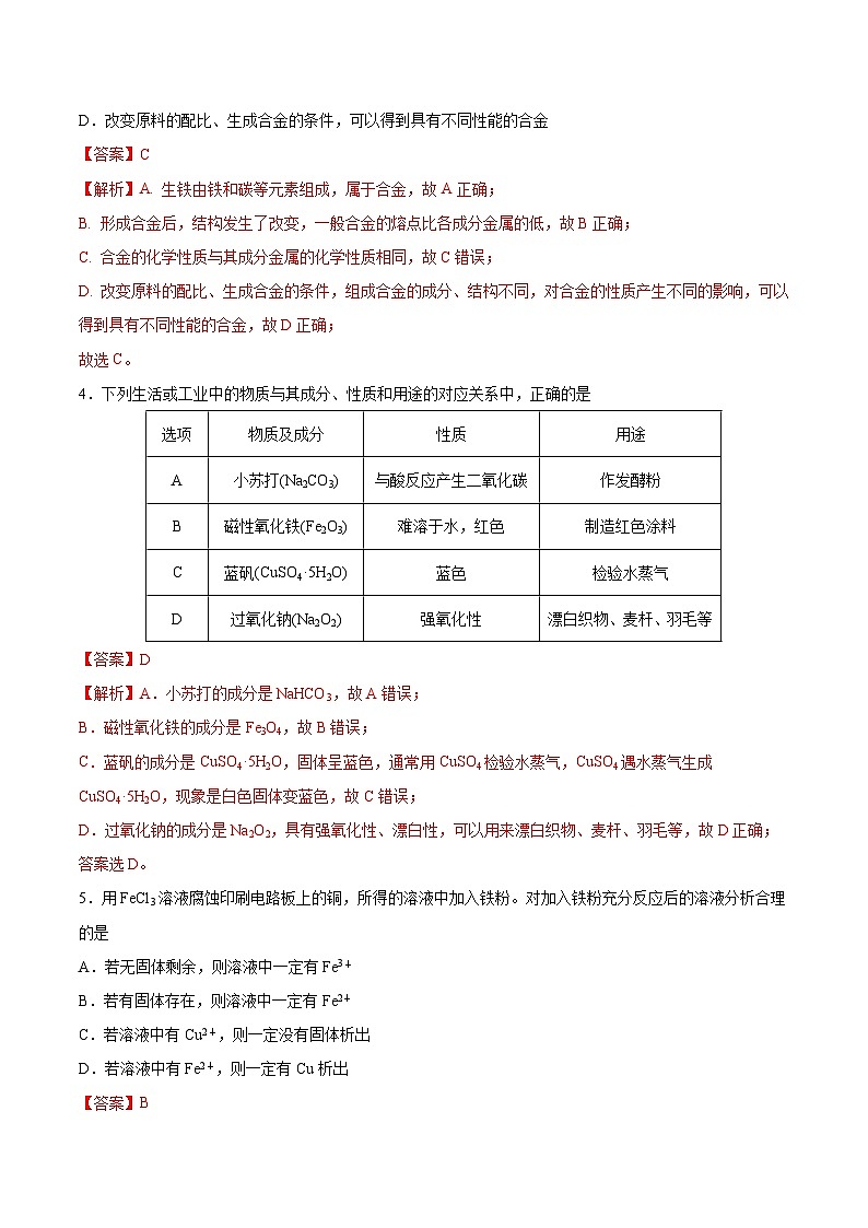 【单元测试】第三章 铁 金属材料-高一化学同步备课(人教版2019必修第一册)(原卷版+解析版)02