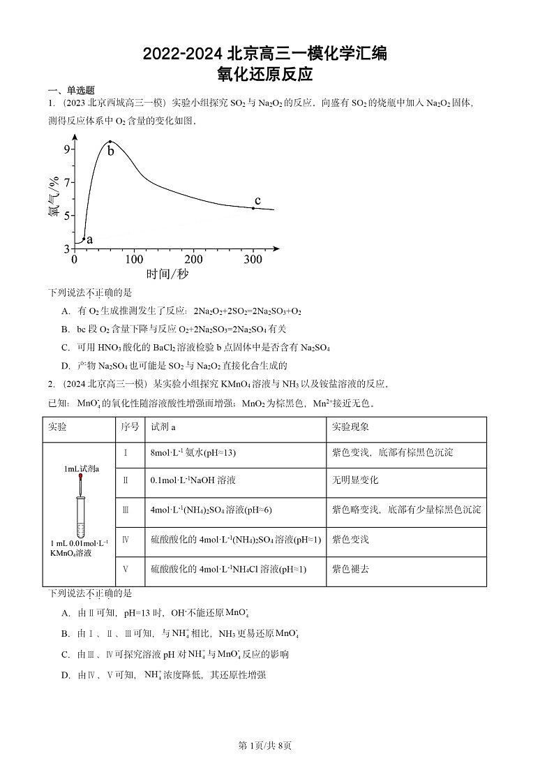 2022-2024北京高三一模化学试题分类汇编:氧化还原反应第1页