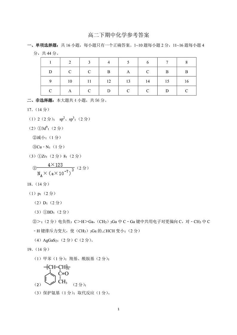 2024广东实验中学高二下学期期中考试化学PDF版含答案、答题卡(可编辑)01