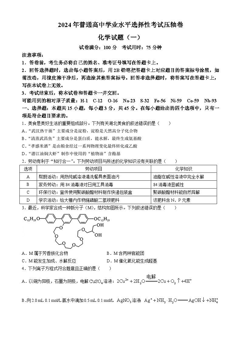 甘肃省张掖市某校2023-2024学年高三下学期模拟考试化学试题第1页