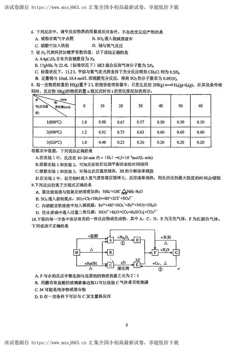 四川省攀枝花市第三高级中学校2023-2024学年高一下学期期中考试化学试题02