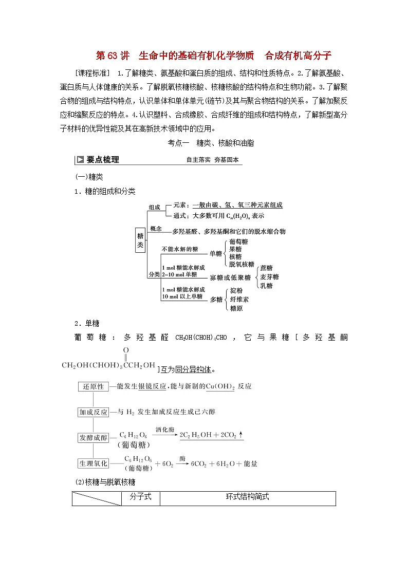 2024届高考化学一轮复习练习第十二章有机化学基础第63讲生命中的基础有机化学物质合成有机高分子第1页