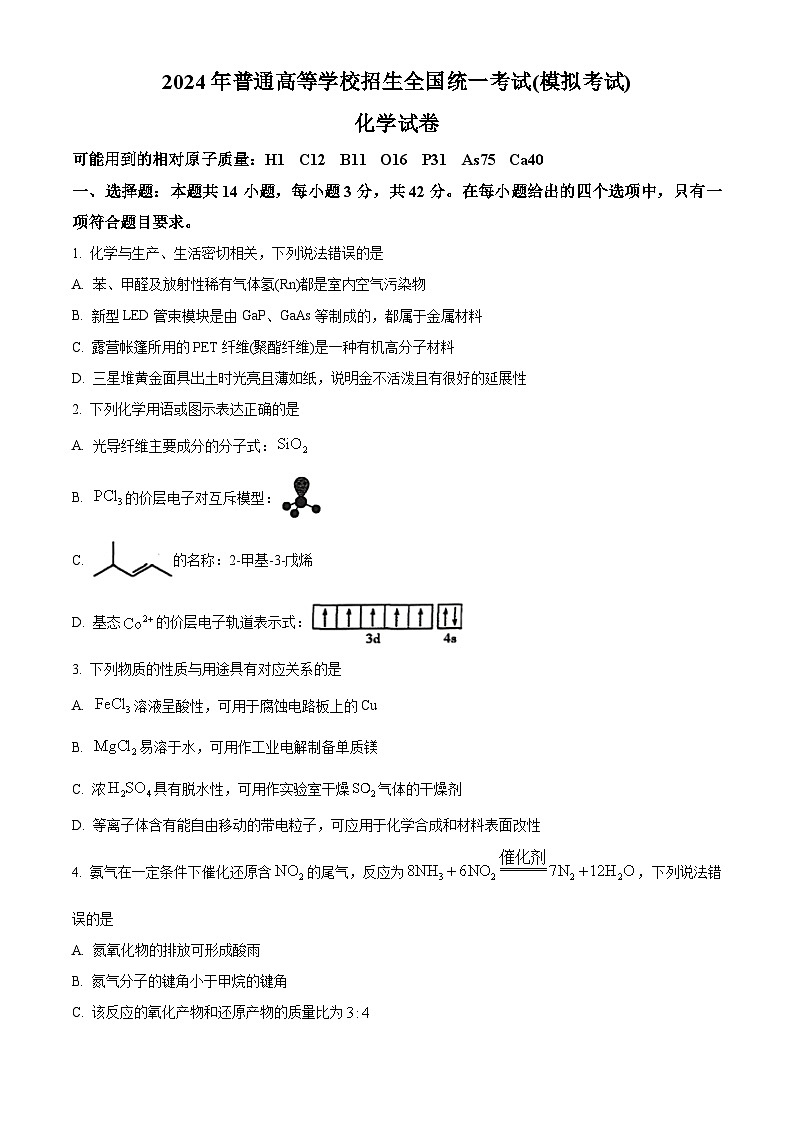 2024届甘肃省民乐县第一中学高三下学期5月模拟考试化学试卷(原卷版)第1页