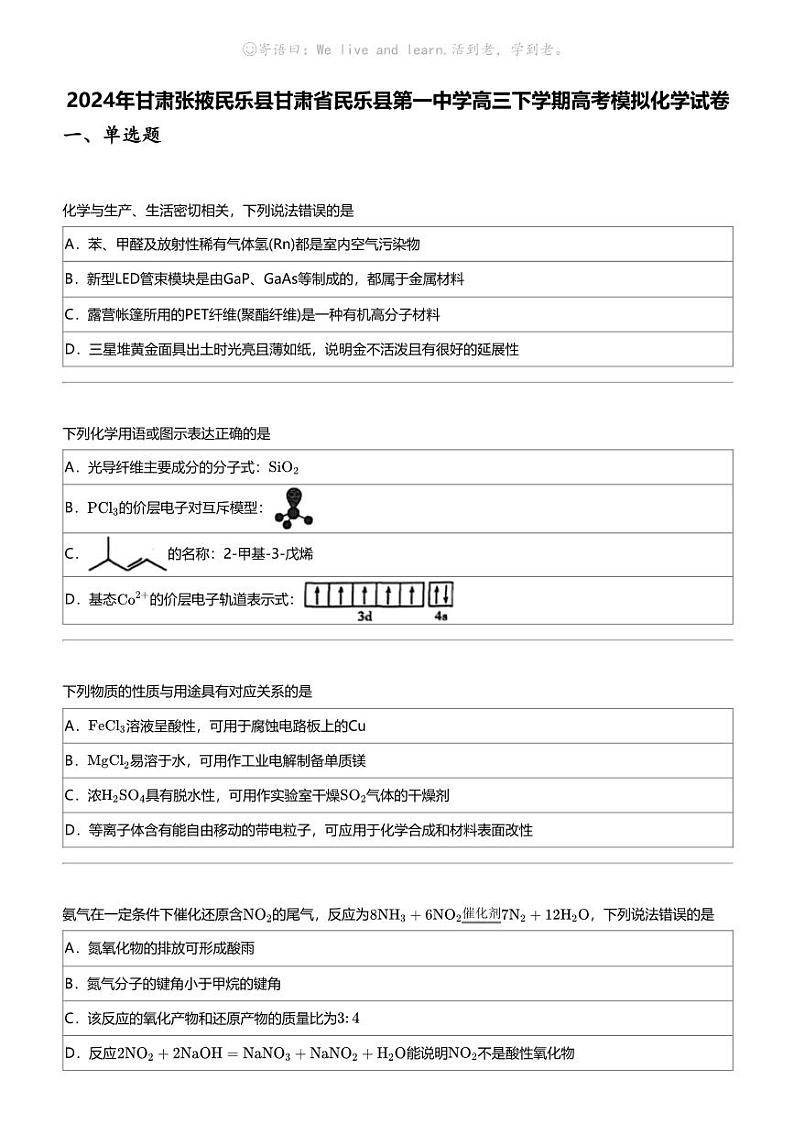 2024年甘肃张掖民乐县甘肃省民乐县第一中学高三下学期高考模拟化学试卷第1页