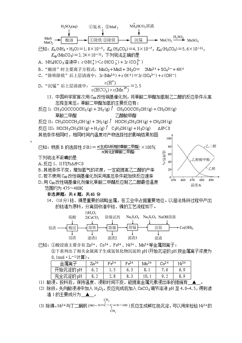 江苏省南京外国语学校++金陵中学海安中学2024届高三下学期三校联考(最后一卷)化学试题03