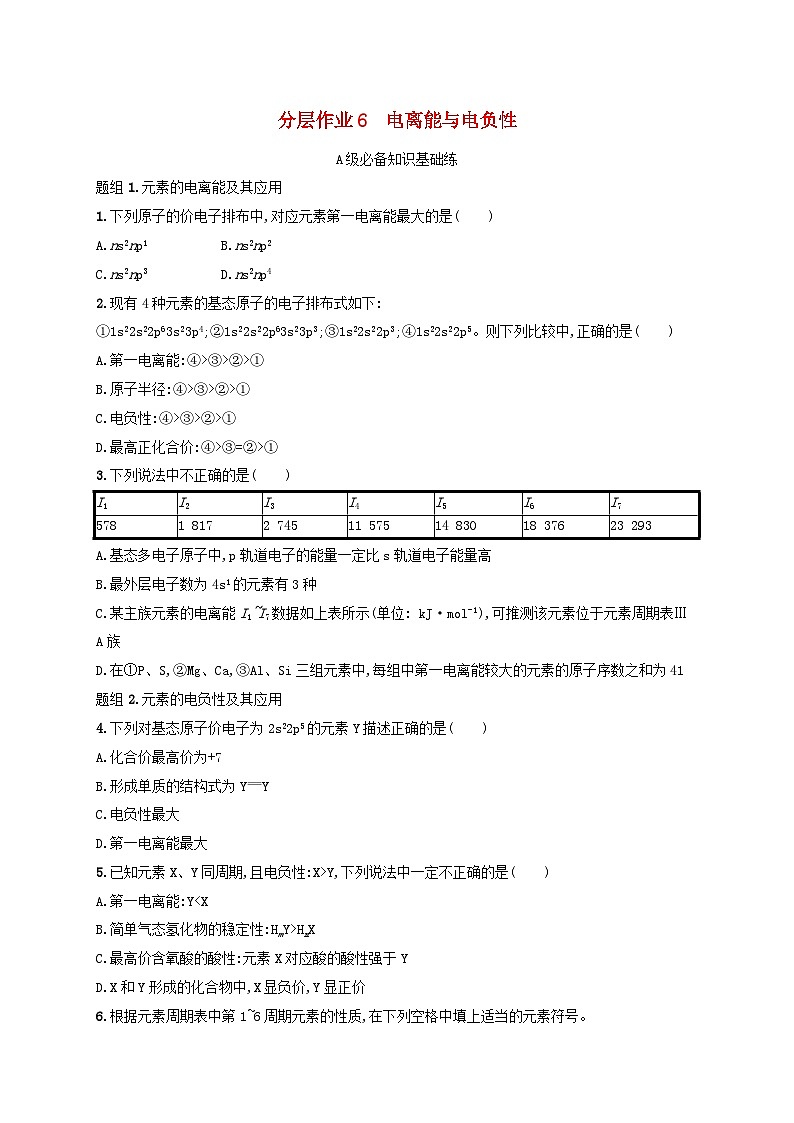 2025年高中化学第1章第3节 第2课时电离能与电负性分层作业鲁科版选择性必修201