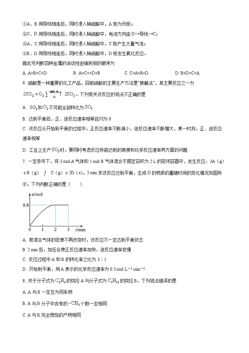 精品解析:江苏省淮阴中学2022-2023学年高一下学期6月阶段测试化学试题(原卷版)第2页