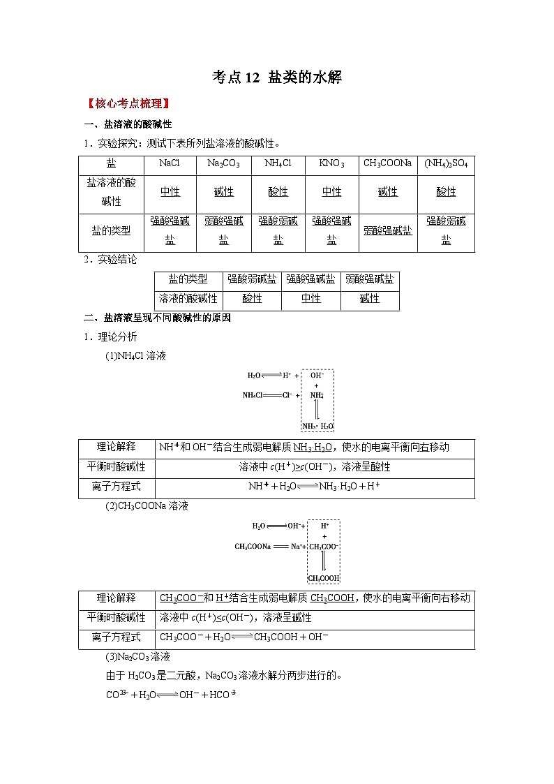 考点12 盐类的水解 --2023-2024学年高二化学核心考点归纳与分层测试(人教版2019选择性必修1)01