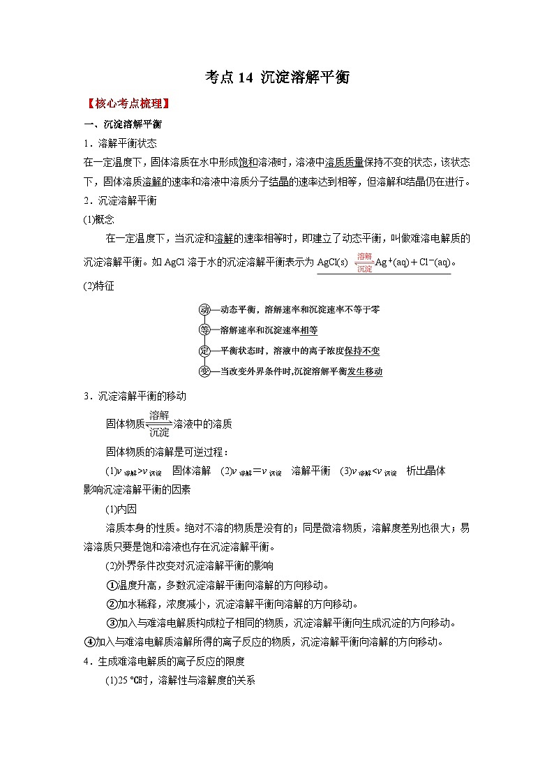考點14 沉淀溶解平衡-2023-2024學(xué)年高二化學(xué)核心考點歸納與分層測試（人教版2019選擇性必修1）（原卷版）第1頁