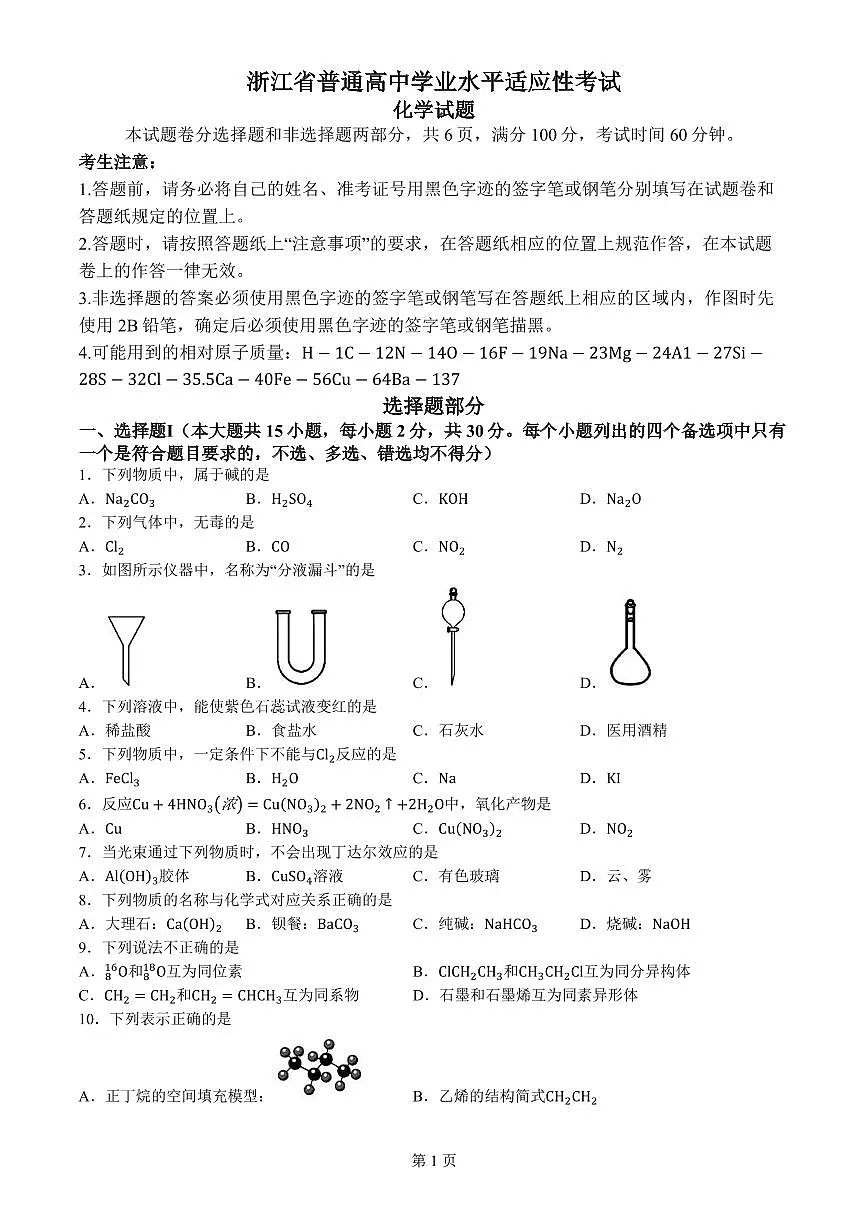 浙江省学考适应性2024年高一下学期6月期末化学试题(含答案)第1页