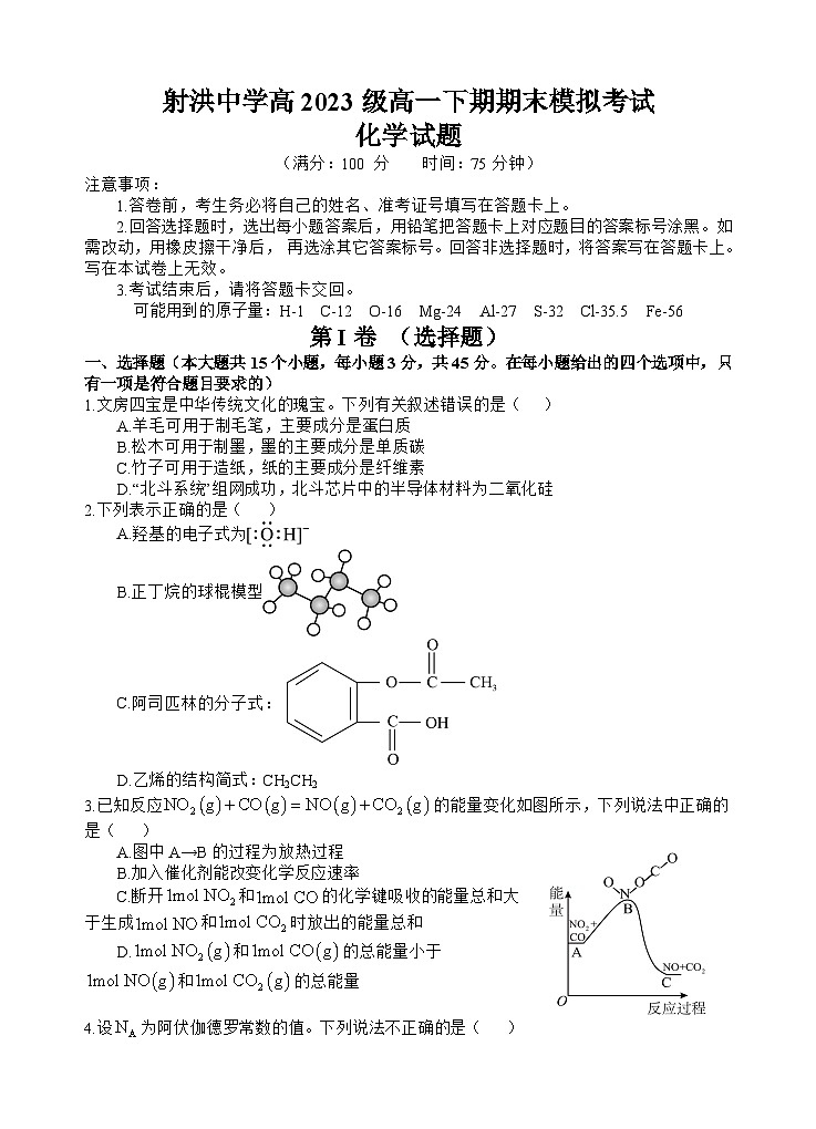 2024遂宁射洪中学高一下学期期末模拟化学试题含答案01