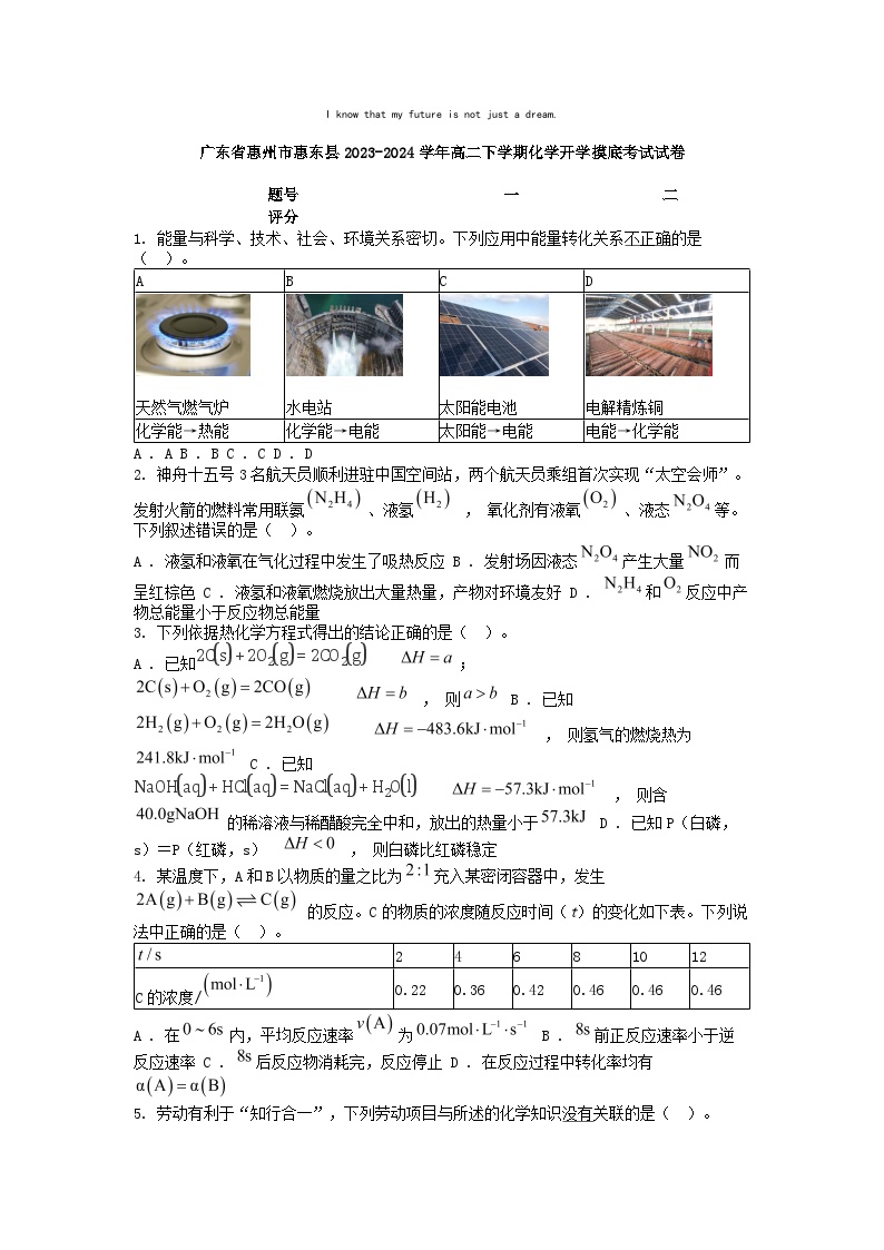 [化学]广东省惠州市惠东县2023-2024学年高二下学期开学摸底考试试卷