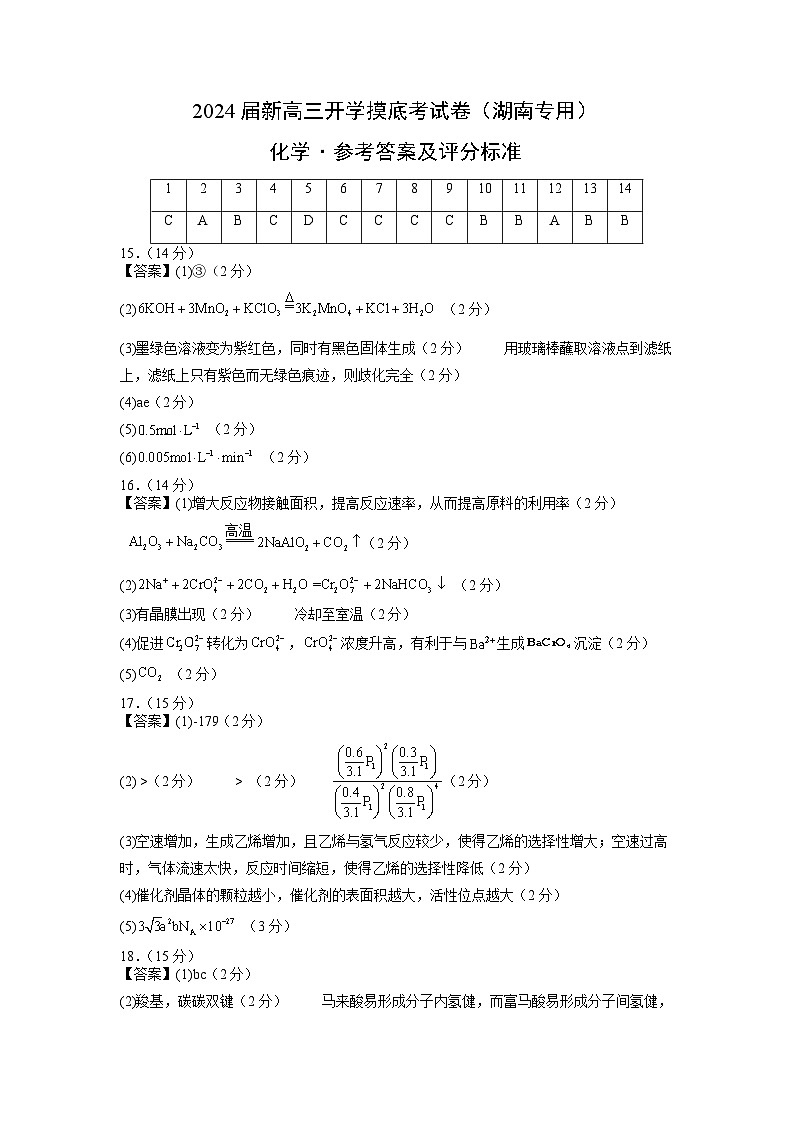 化学-2024届新高三开学摸底考试卷(湖南专用)(参考答案及评分标准)第1页