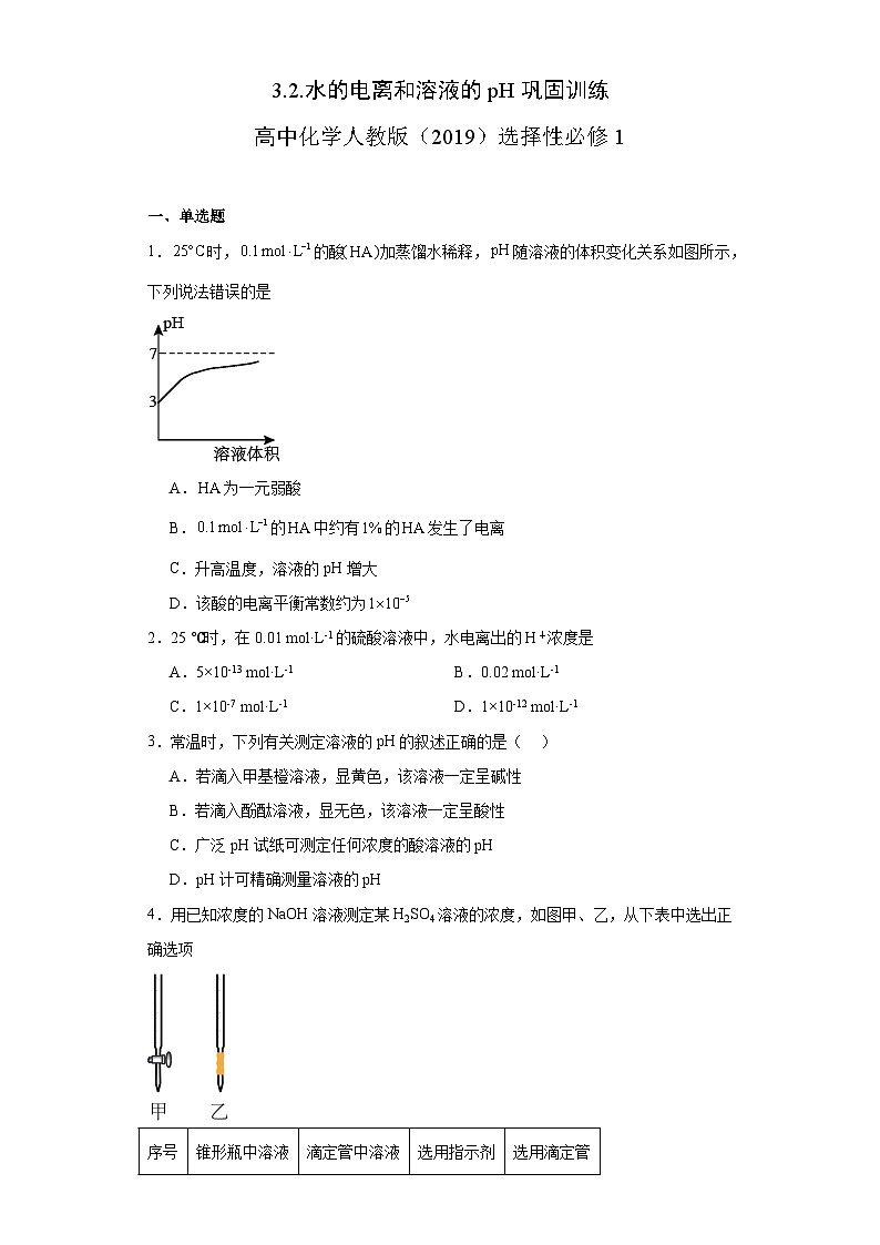 3.2.水的电离和溶液的pH 巩固训练 高中化学人教版(2019)选择性必修1第1页